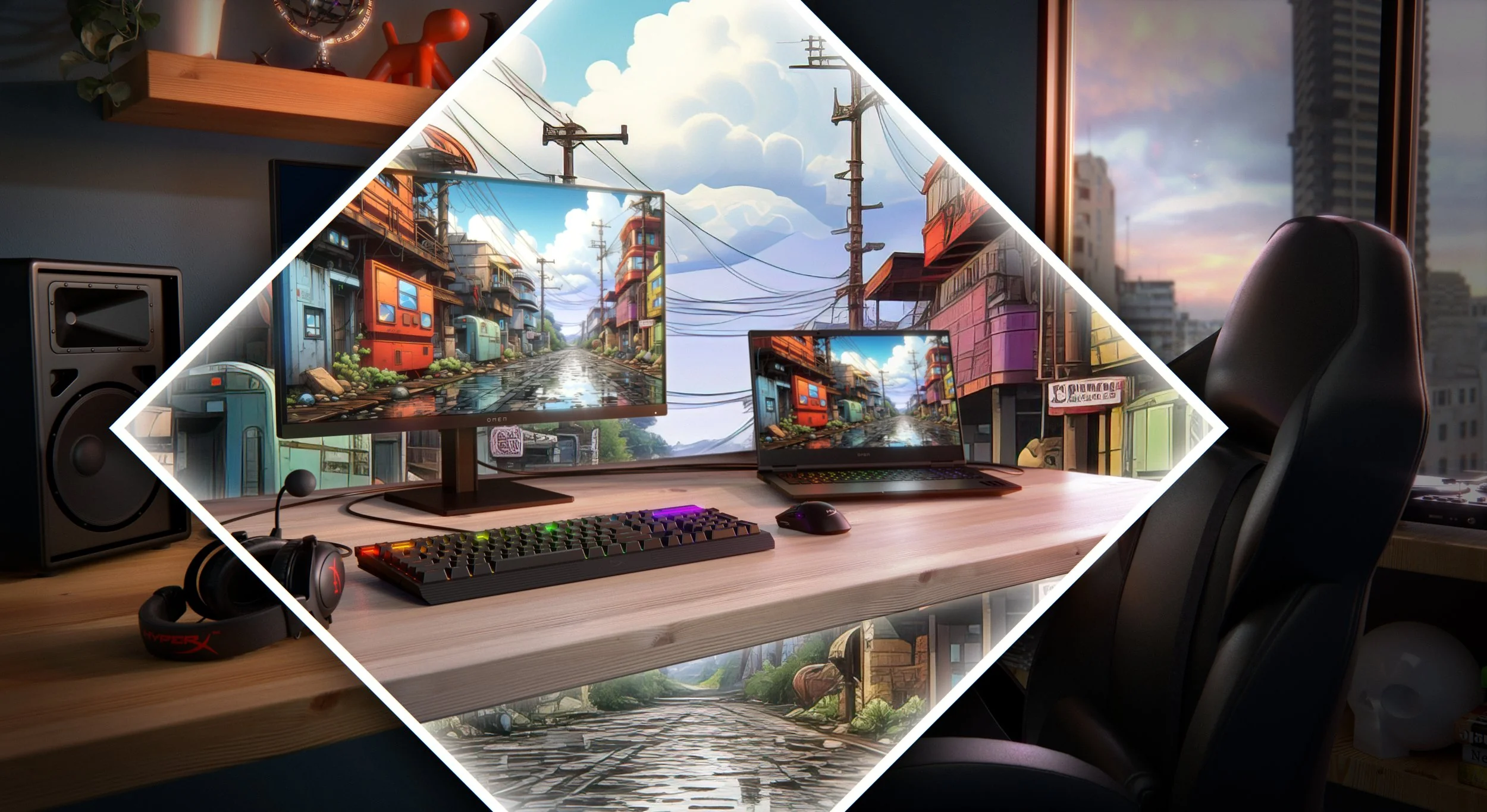 Gaming desk surrounded by layered city and screen views