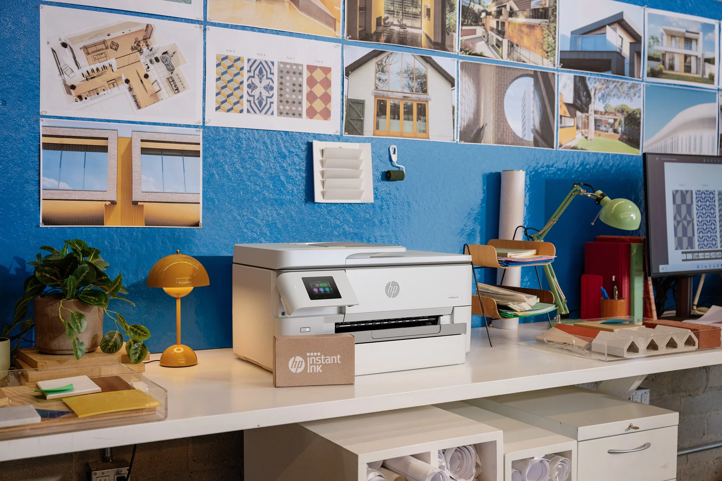 White printer in a colorful home-office craft space