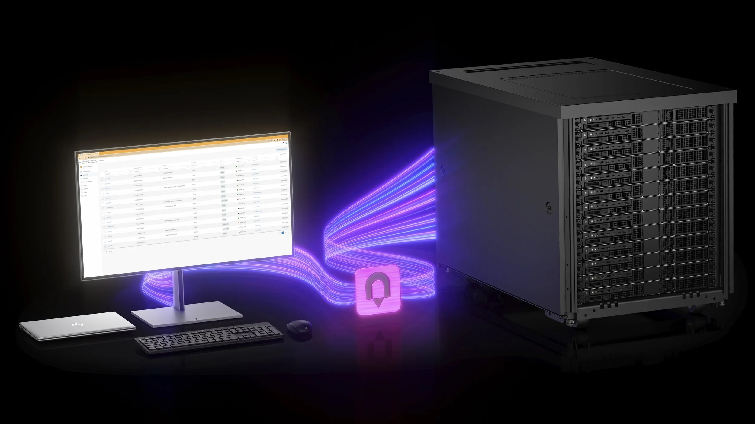 Gaming monitor and compact tower lit by purple streaks