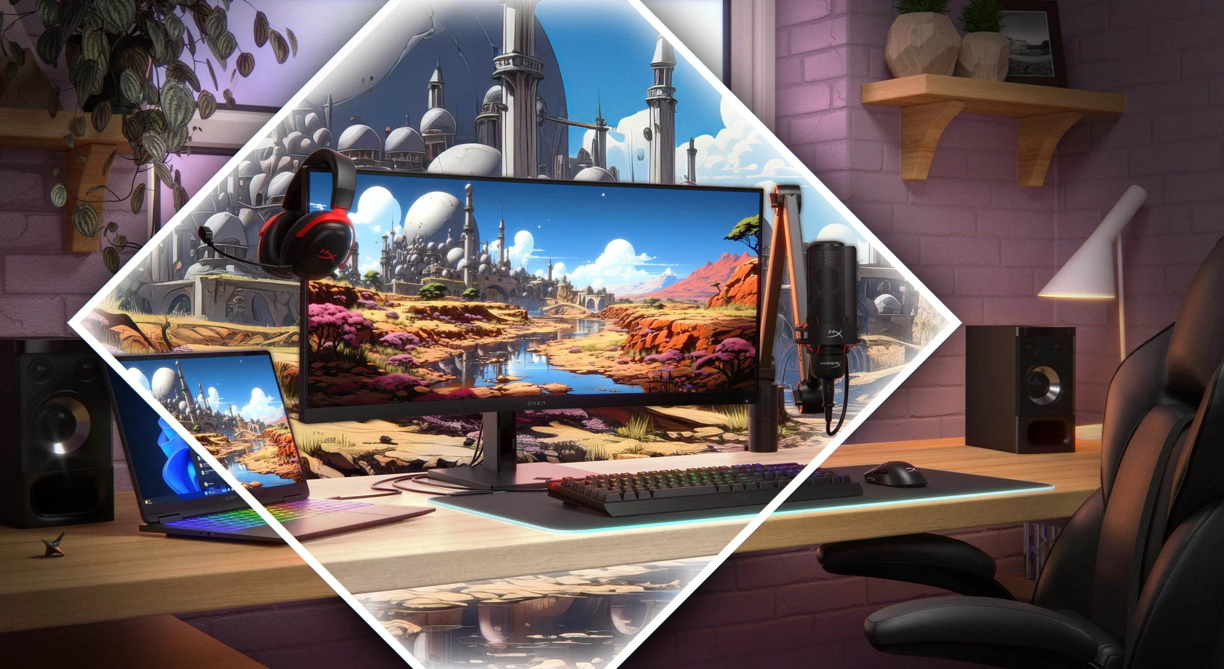 Dual gaming monitors showing a desert cityscape