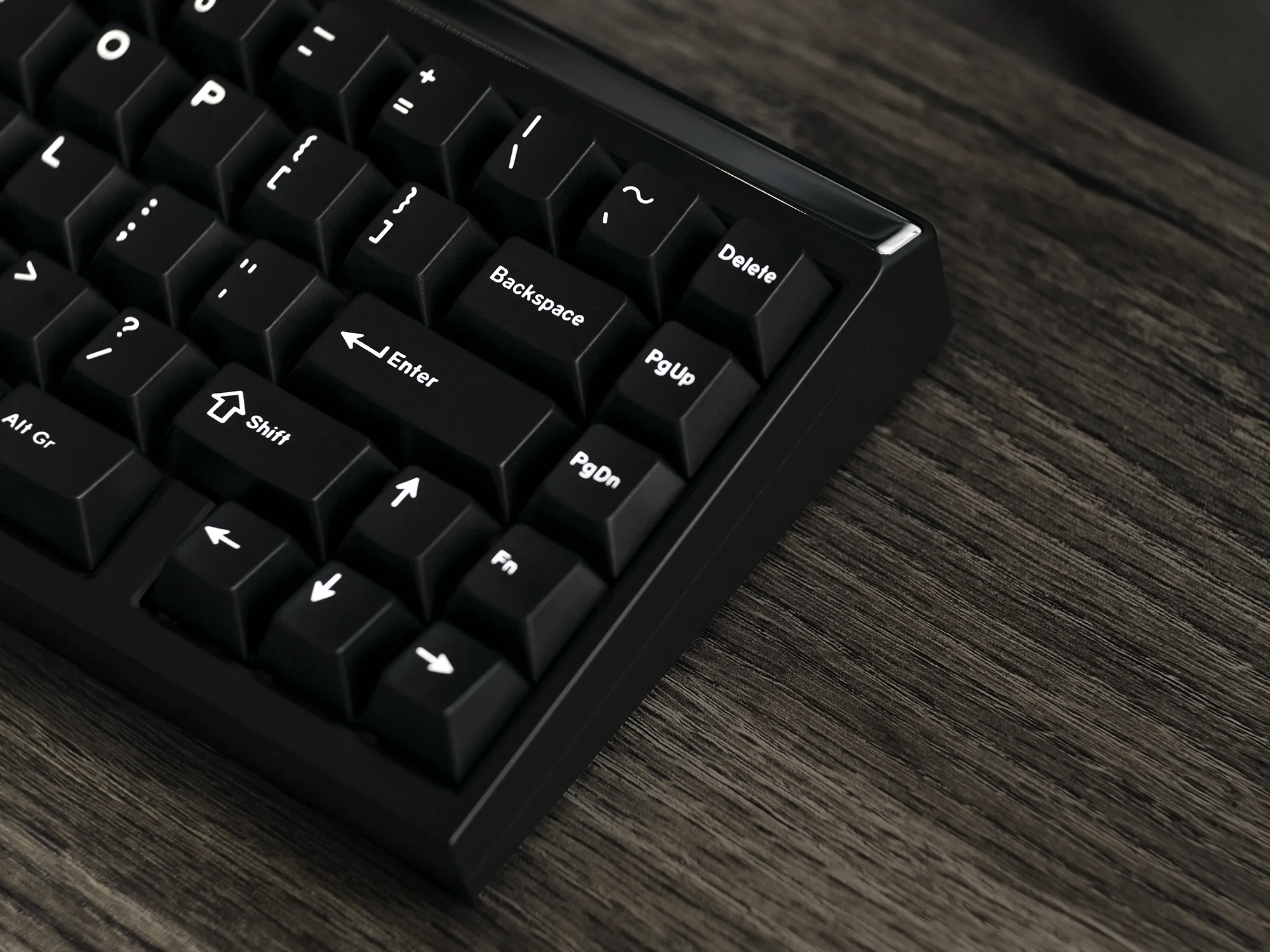 Close-up of black keys on a custom mechanical keyboard