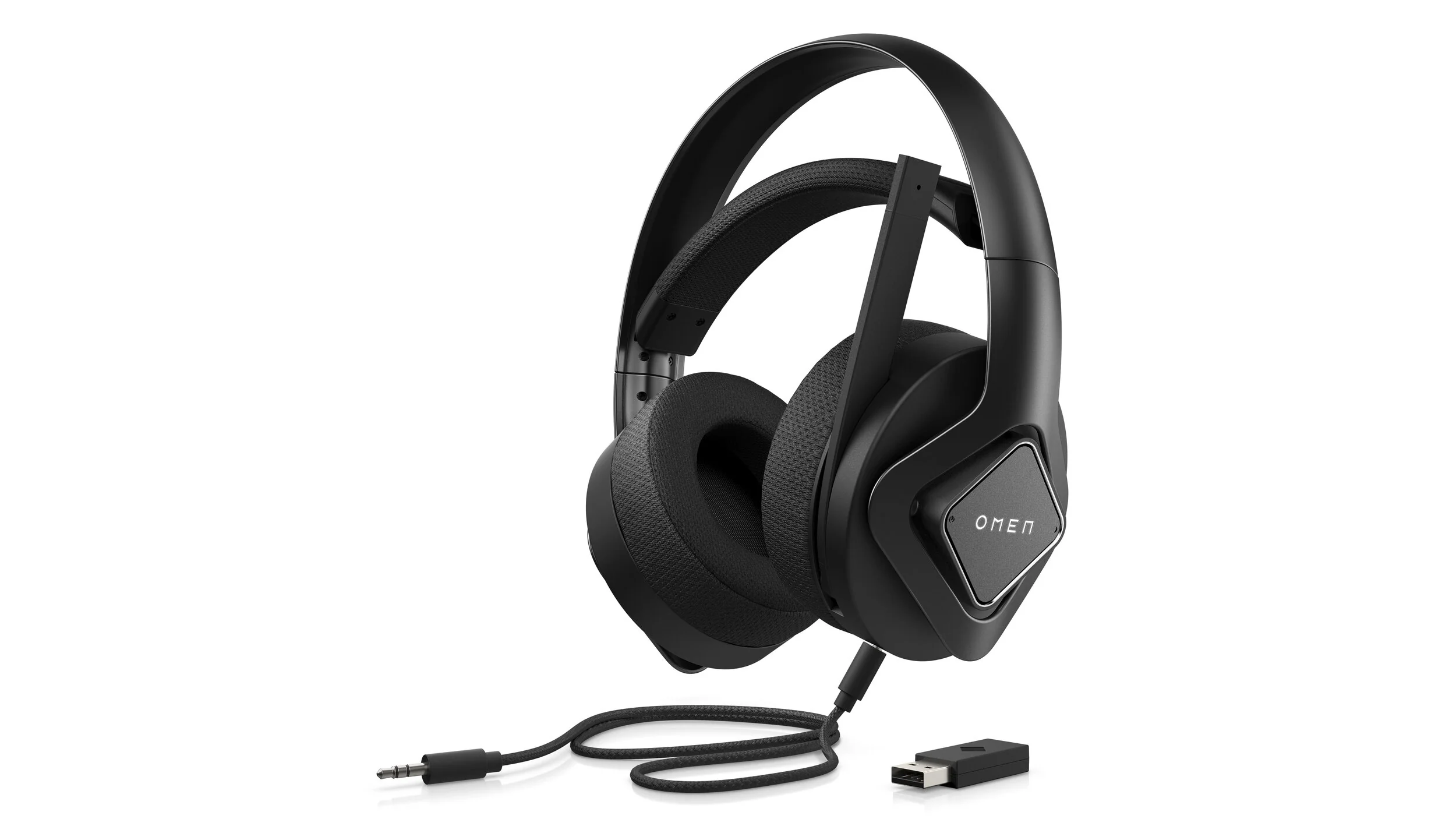 Black over-ear gaming headset with cable and wireless dongle