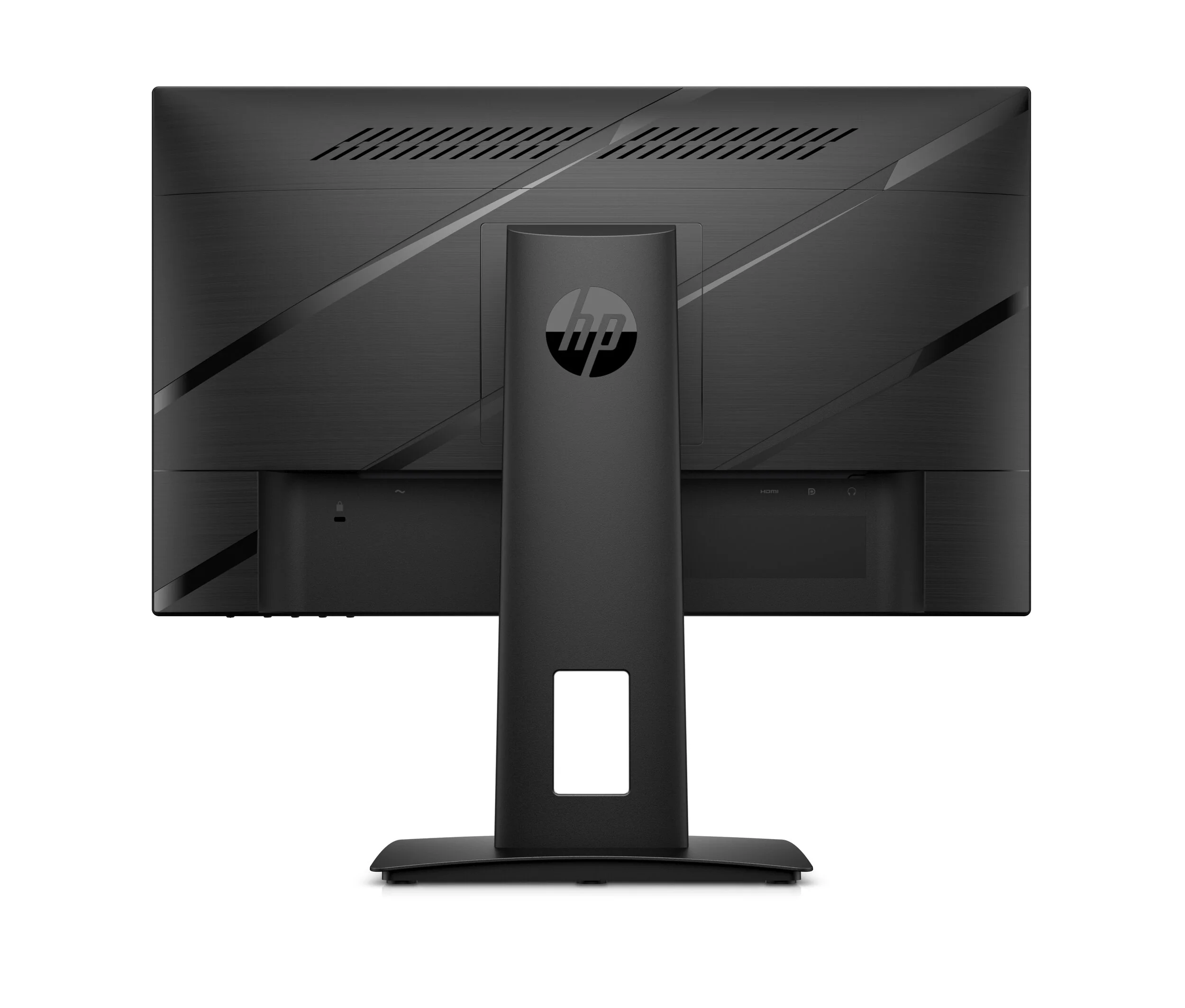 Rear view of a black HP monitor and square stand