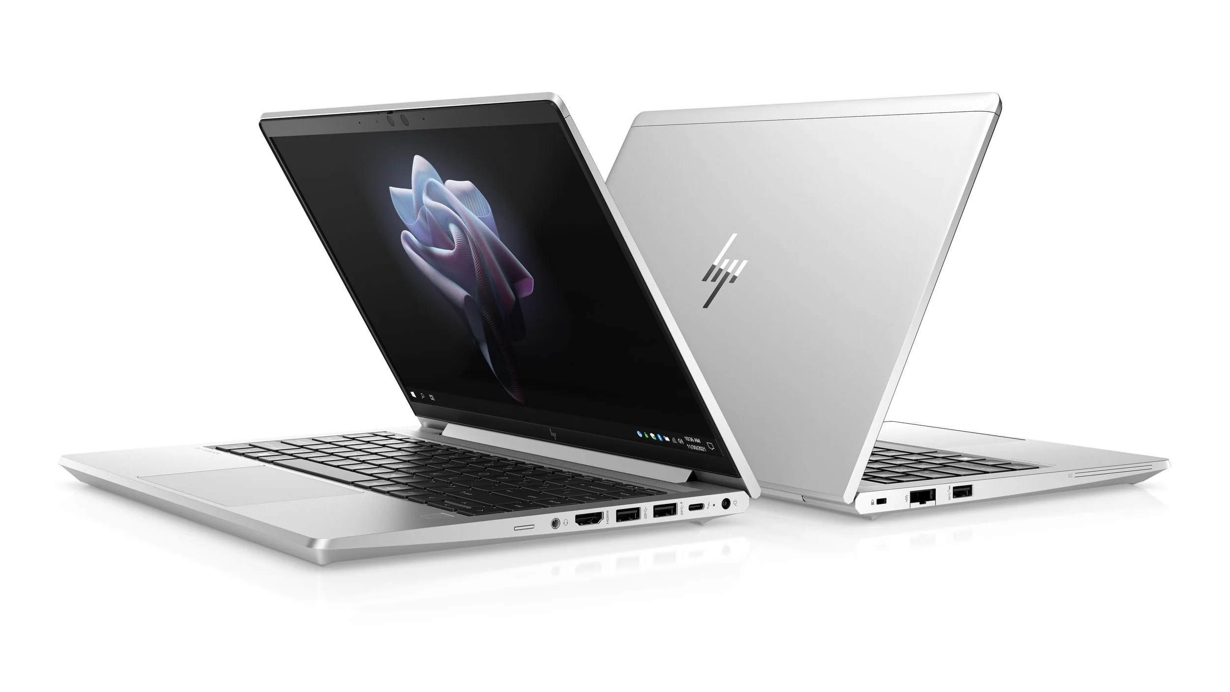 Pair of silver laptops shown from front and rear