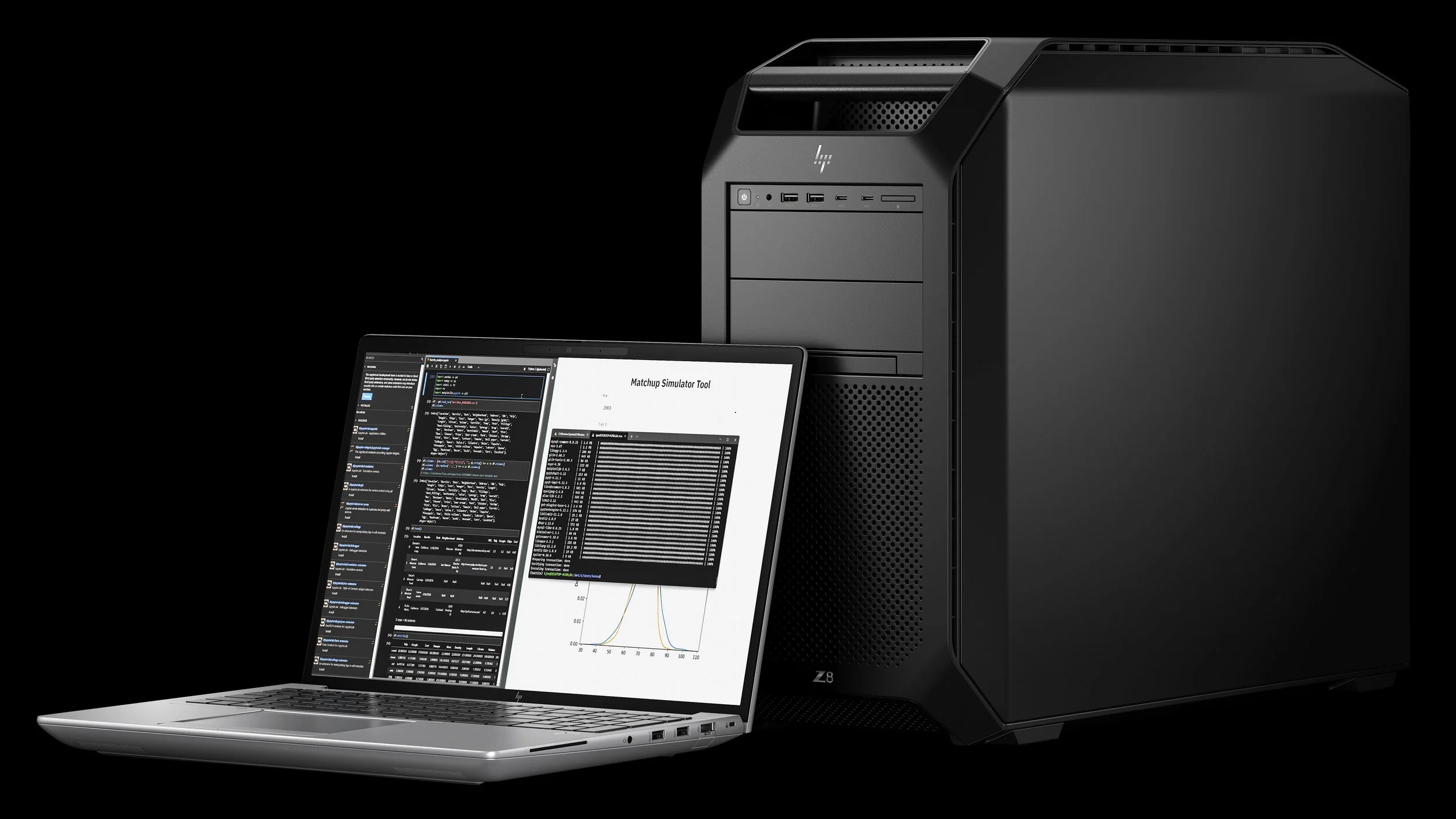 Mobile workstation displayed beside a black desktop tower